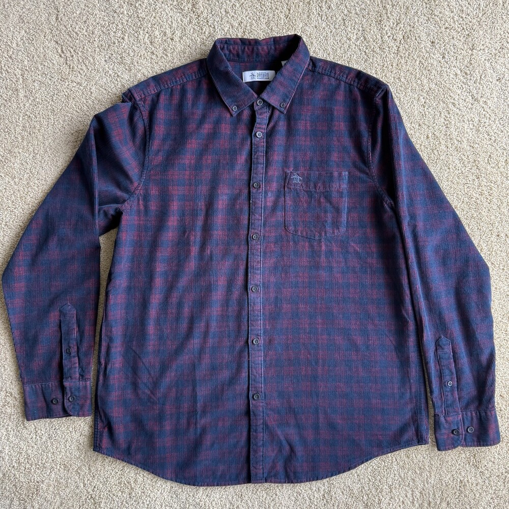 Original Penguin Shirt XL Red Blue Plaid Corduroy Button Down Y2K Mens